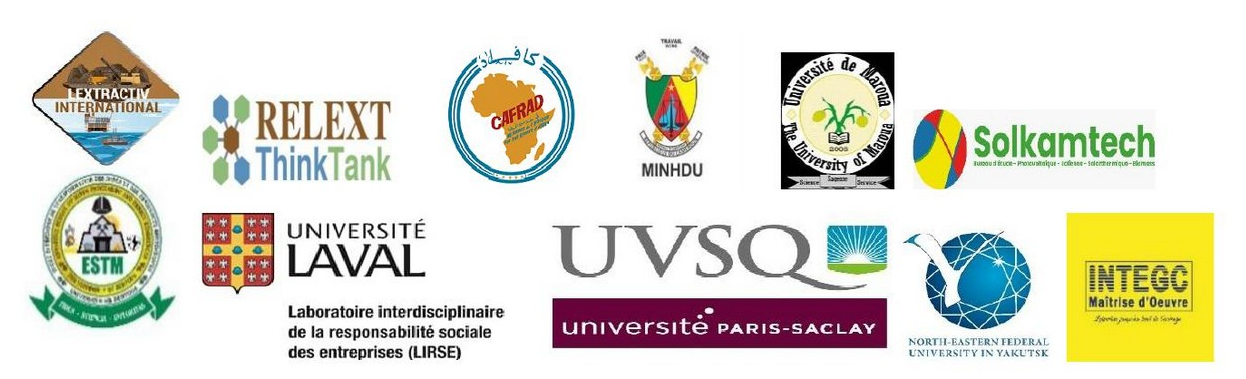 Partenaires du colloque ETIA : Lextractiv International, RELEXT ThinkTank, CAFRAD, MINHDU, Université de Maroua, Solkamtech, ESTM, Université Laval, UVSQ, Université Paris-Saclay, North-Eastern Federal University, INTEGC
